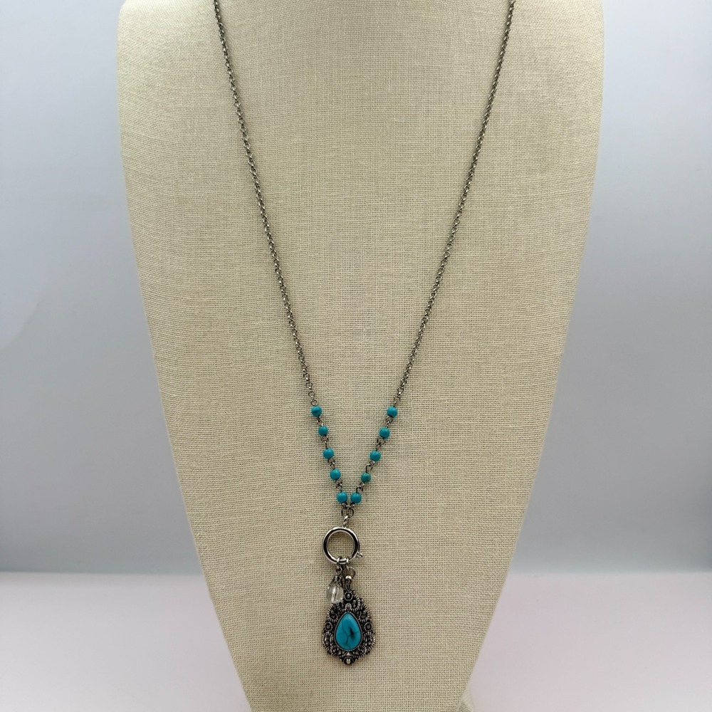 Vintage 90s Silver Tone Turquoise Beaded Teardrop Pendant Necklace Boho Jewelry - Picture 4 of 11